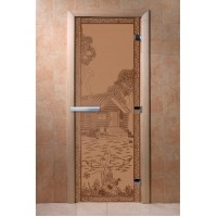 Дверь стеклянная DoorWood 900*2000 "Банька в лесу Бронза матовая" стекло бронза матовая 8 мм, коробка ольха, ручка алюминий/дерево